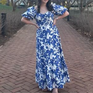 Hyacinth House Tuckernuck Blue Floral Seaport Maxi Dress Puff Sleeves XS